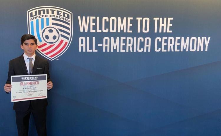 Photo courtesy of Rabun Gap-Nacoochee School. A member of Rabun Gap-Nacoochee School’s NCISAA state title team, Emilio Roman receives designation as one of 88 male players on All-America team.