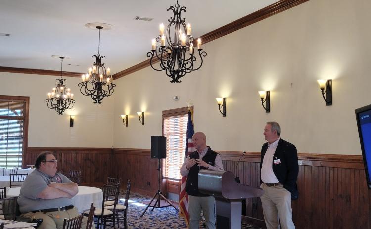Megan Broome/The Clayton Tribune. Rabun County Commissioners Kent Woerner and Scott Crane were guest speakers at the Rabun County Republicans meeting Feb. 12 and talked about developments in Rabun County. Ed Henderson, GOP Secretary, is also pictured.