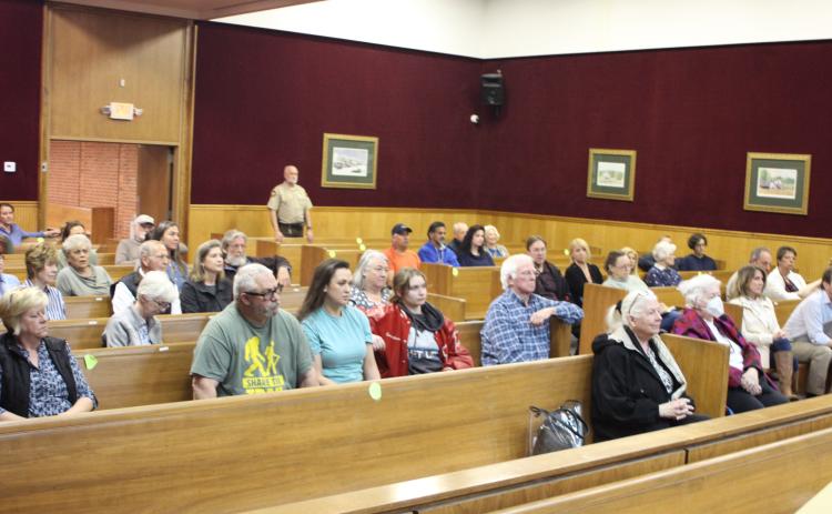Megan Broome/The Clayton Tribune. A hearing at the Rabun County Planning and Zoning Commission meeting March 28 turned out a packed room as the Rabun County Planning and Zoning Commission unanimously voted to recommend denial of a rezoning request for property off of Highway 76 East from Agricultural (A) to Commercial Business (CB) for the purpose of building storage units.