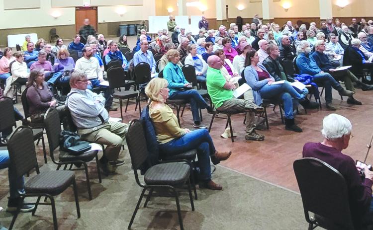 Megan Broome/The Clayton Tribune. A crowd turned out at the Rabun County Civic Center Monday night for a public forum held by the Rabun County Coalition for Good Government. The purpose was to spark participation in government and discussion on the topics related to the city of Clayton’s zoning ordinances and what is being done to minimize the impact of the 91-unit development.