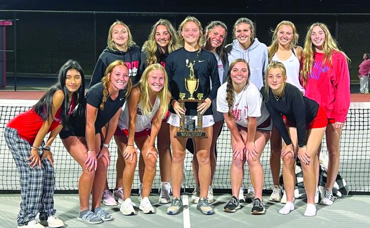 Submitted photo. The Rabun County High School girls tennis team shows off its newly earned Region 8-AA title trophy.