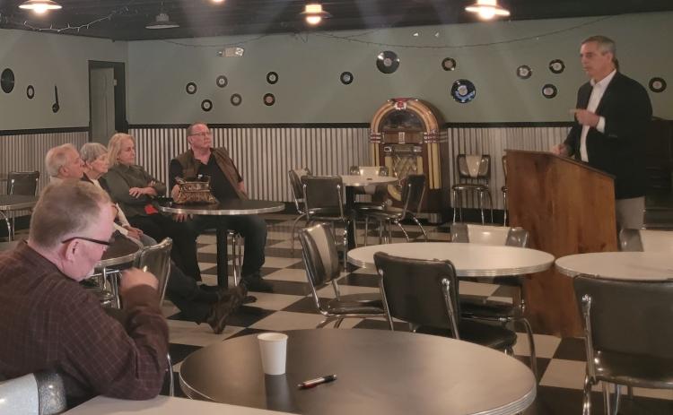 Megan Broome/The Clayton Tribune. Georgia Secretary of State Brad Raffensperger speaks to the Rabun County Republican Party about election security at the party’s March 21 meeting.