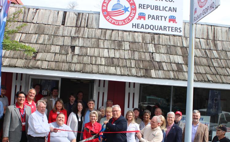 Megan Broome/The Clayton Tribune. The Rabun County Republican Party hosts its grand opening ribbon cutting for its new headquarters in downtown Clayton and 41 East Savannah Street on April 14.
