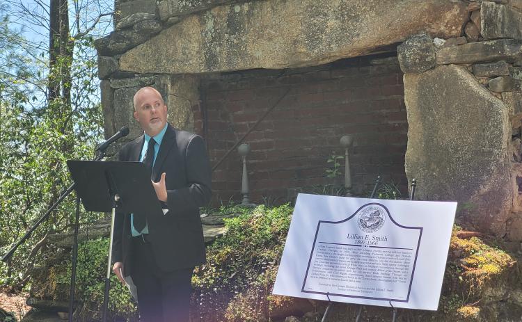 Megan Broome/The Clayton Tribune. Matthew Teutsch, director of the Lillian E. Smith Center, speaks at the dedication and unveiling of the Georgia Civil Rights Trail historical marker recognizing writer and activist Lillian Eugenia Smith on April 20. It was erected by the The Georgia Historical Society (GHS) in conjunction with the Lillian E. Smith Center at Piedmont University.