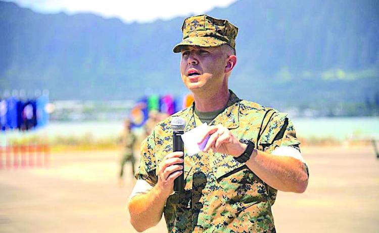 Submitted photo. Lt. Col. Nicholas B. Law addresses the crowd and marines gathered for the change of command ceremony on June 3.