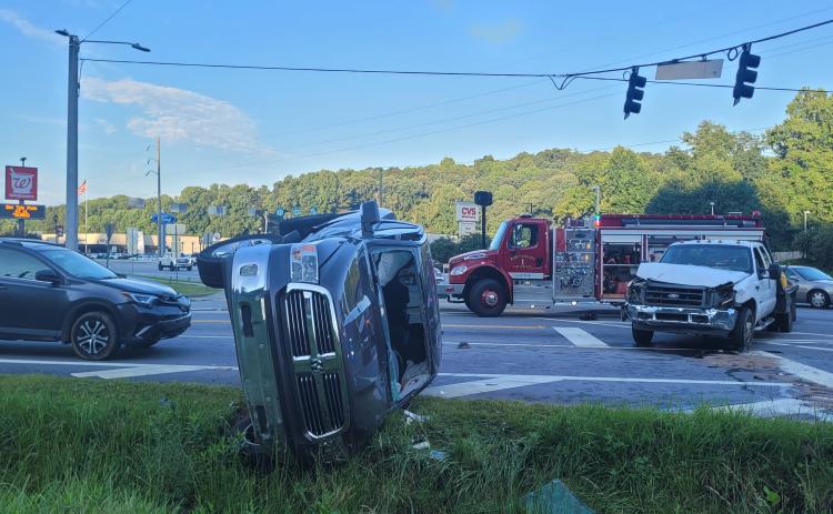 Megan Broome/The Clayton Tribune. Minor injuries were reported in a three-vehicle crash near Highway 76 East in Clayton Aug. 3. First responders had to break the windshield of a Ram 1500 to rescue a victim, according to first responders on scene.