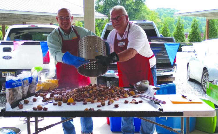 Submitted photo. Bruce Thompson, Republican candidate for labor commissioner, left, and Rabun County Republican Party President Ed Fickey, prepare for the Rabun County Republican Party’s first-ever low country boil.