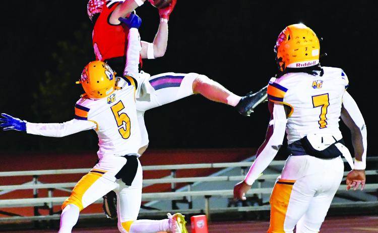 Luke Morey/The Clayton Tribune. Rabun County senior wide reciever Jaden Gibson hauls in a back shoulder fade over freshman defensive back Braxton Goolsby. Gibson had four touchdowns on the night and 115 receiving yards.