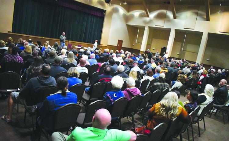 Enoch Autry/The Clayton Tribune. Over 200 attended Tuesday’s public forum as dozens spoke about the Rabun County Commission’s proposed Short-Term Rental Ordinance. The forum stayed to its set 90-minute time, but more wanted to speak. Commissioner Scott Crane with Commissioner Kent Woerner hosted the event.