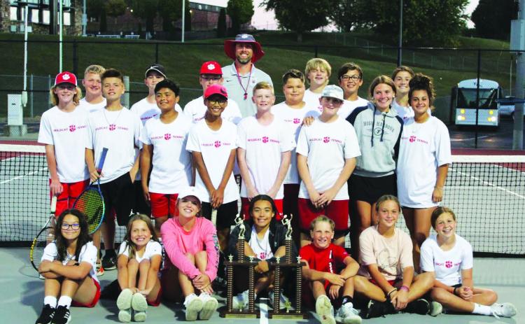 Submitted photo. The Rabun County Middle School tennis teams were victorious in their playoffs. The winning teams’ members are (front from left) Vada Fallon, Jewels Hutcheson, Adelyn Thompson, AddyBeth Owens, Ky Thompson, Sophie Provance and Amilia Potts. In the middle row are Lawson Beck, Cobe Smith, Noel Vasquez, Jack Getty, Rett Walker Potzner, Drake Duchaine, Emma Krivsky and Ella Weber. In the back row are Max Cox, Andrew Conner, Lleyton Phillips, Coach Bryan Getty, Jaxon Fisher, Landan Bedingfield, Br