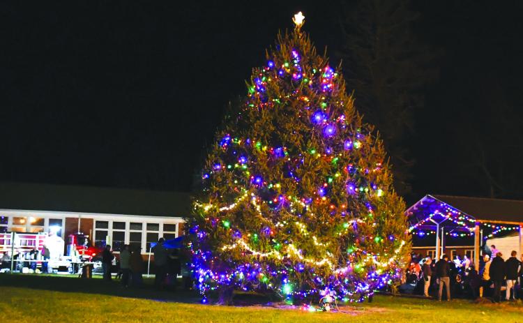Megan Broome/The Clayton Tribune. Crowds of people turned out to Dillard City Hall on Sunday to attend the City of Dillard’s Christmas Tree lighting event. The colorful tree shined brightly in the evening sky as community members enjoyed fun, fellowship, caroling and good food.