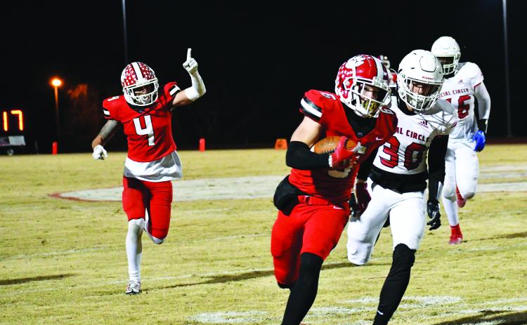 Luke Morey/The Clayton Tribune. Senior wide receiver Jaden Gibson takes an out route to the house in a GHSA Playoff game against Social Circle on Friday, Nov. 18. Gibson was named to the All-State team on Monday, Jan 9.