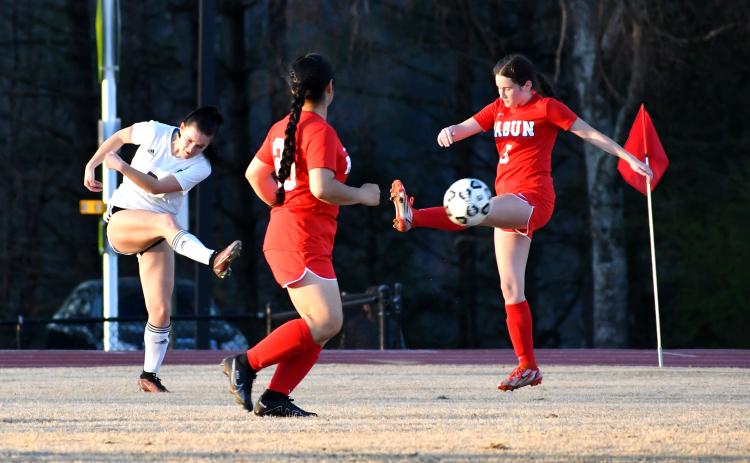 Luke Morey/The Clayton Tribune. TFS senior Addie Higbie scores against Rabun County on Tuesday, March 7. On Thursday, March 9, Higbie scored a school record six goals against Elbert County, reaching 22 goals on the season, which is also a record for most goals in a season for a girls player. Higbie was the previous record-holder with 21 her junior year. Higbie and the Lady Inidians next take on Elbert County on Thursday, March 16, for senior night.