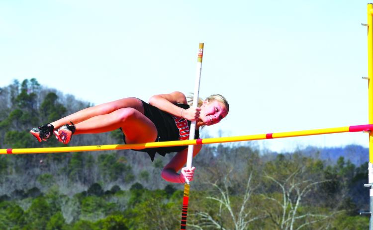 Luke Morey/The Clayton Tribune. RCHS senior Molly Jo Wright took fifth place in the pole vault during the Bo James Invitiational on Saturday, March 11. Wright finished with a mark of 8 feet flat. Wright also helped set a new school record on Tuesday, March 7, in the 4X800 with Molly Mazarky, Trea Blalock and Reese Green.