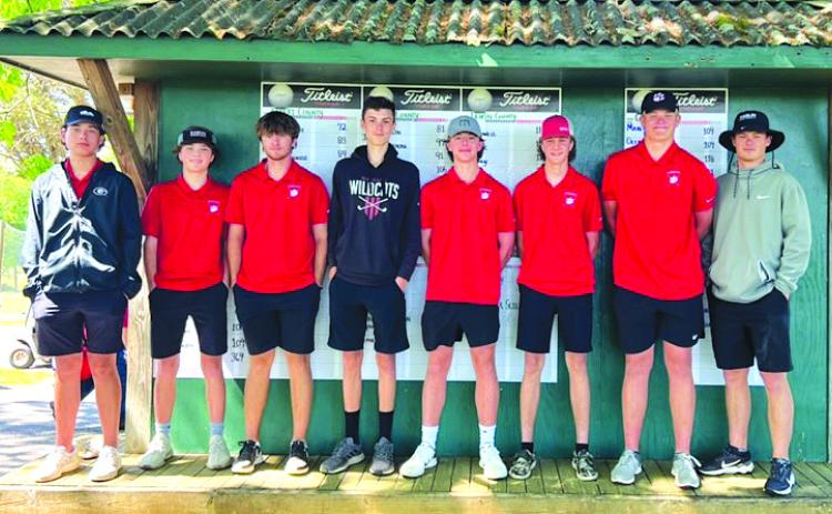 Submitted photo. The Rabun County golf team advanced to the State tournament thanks to a play-off round at the area tournament on Monday, April 24. Pictured from left, junior Blake Weber, sophomore Gauge Sudderth, junior Marcus Remilliard, junior Noah Thurmond, junior Charlie Cuttino, freshman Owen Thompson, junior Jack Hood, and RCHS golf head coach Wes Holcombe.