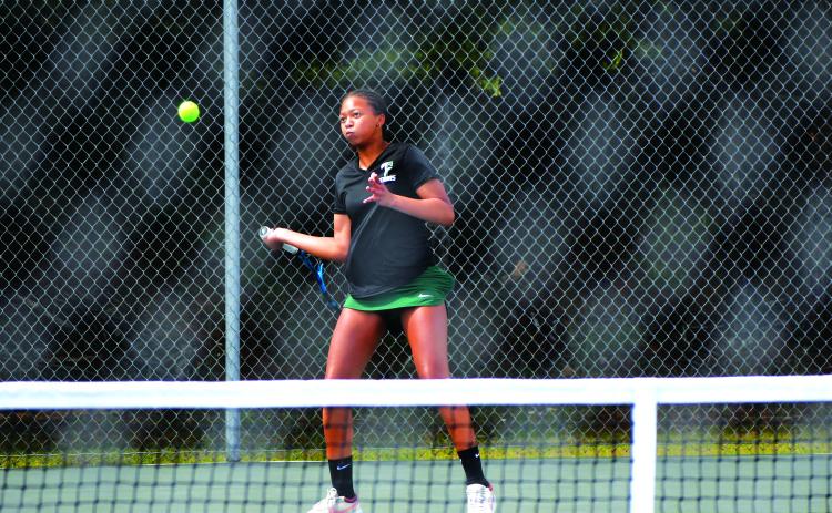 Luke Morey/The Clayton Tribune. Freshman Jaeda-Lee Daniel-Joseph returns a shot against Bleckley County on Monday, May 1. Daniel-Joseph won 6-2, 6-3, but the Lady Indians fell 3-1 to Bleckley in the Elite Eight of the GHSA playoffs.
