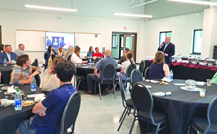 Megan Broome/The Clayton Tribune. Rick Story, Forward Rabun and Rabun County Chamber of Commerce president, makes introductory remarks at the Youth Leadership Program 2023 Graduation Dinner May 22, which highlighted student achievements from Rabun County Schools; Rabun Gap-Nacoochee School and Tallulah Falls School.