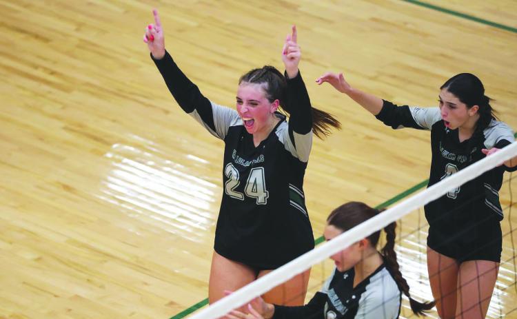 TFS Athletics. Addy McCoy (24) celebrates with TFS teammates in the Lady Indians victory over Athens Christian on Aug. 31. McCoy ranks among the best in the nation for her aces. TFS is now 23-13 and 8-0 in region play.