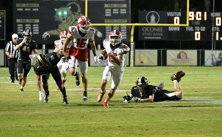 Wade Cheek/The Clayton Tribune. Rabun County sophomore running back Reid Giles sprints to the end zone in last Friday’s region loss to Commerce. Should the Wildcats had won, they would have won their 10th-straight region championship.