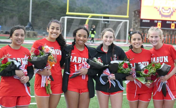 Wade Cheek/The Clayton Tribune. The 2024 Class of Lady Cats Alesia Gonzales, Quetzaly Diaz, and Auroroa Barcenas, Keygan Antosiak, Itzia Vasquez and Abby Sego have provided senior leadership this season for the winning program.