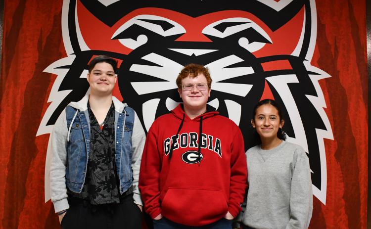 Megan Horn/The Clayton Tribune. RCHS Class of 2024 Valedictorian is Jalyn Fisher, left, Salutatorian is Isaac Craig and Historian is Itzia Vasquez. The top three said they are excited to graduate and  reflected on their time at Rabun County Schools, noting they feel the system prepared them to move on to their postsecondary education goals.