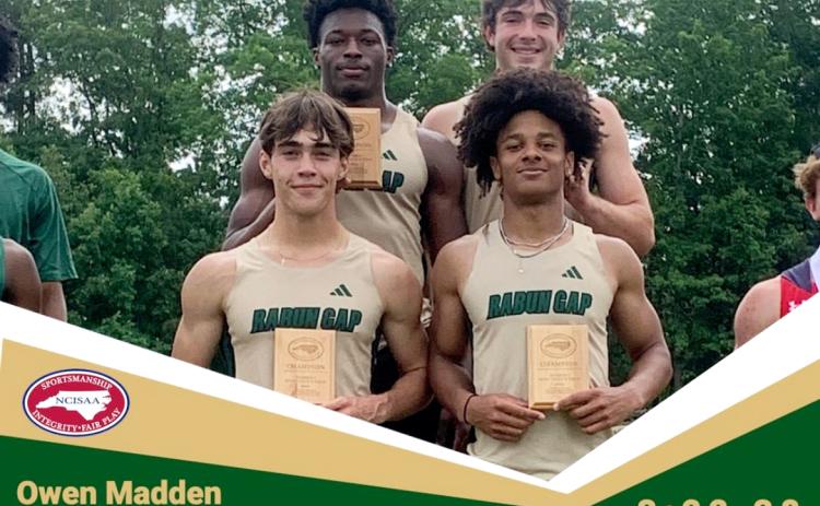 RGNS. RGNS track runners (front left) Peter Pedall, Yussif Kadri, (back left to right) Khory Moss and Owen Madden reached the top of the podium after winning the 4x400 meter relay event at this year’s NCISAA Division I state championship meet.