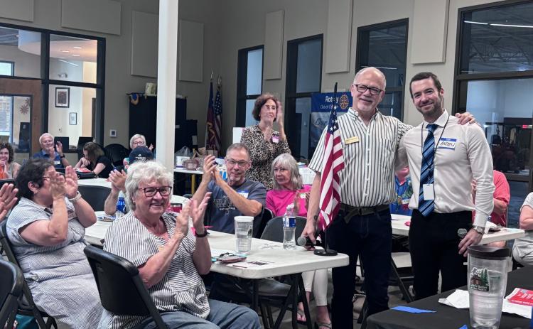 Submitted photo. Don Martin, Rabun Democrats Chair (left), welcomes Andrew Ferguson to the July 8 Rabun County Democrats monthly meeting at the Food Bank of Northeast Georgia.