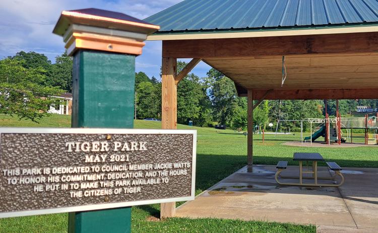 Megan Horn/The Clayton Tribune. Because of his commitment to the Town of Tiger, Tiger Park was dedicated to Jackie Watts in May 2021 and a plaque is displayed at the park in his honor.