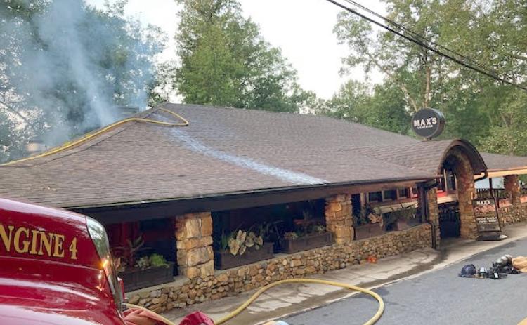 Photo courtesy of Rabun County Fire Services. Rabun County Fire Services works the scene of a structure fire at Max’s Lakeside restaurant on Lake Rabun Friday, Aug. 30. Firefighters were on scene at 5:22 a.m. until 9:50 a.m.
