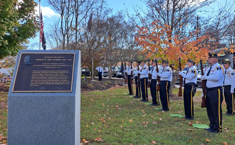 Megan Horn/The Clayton Tribune. The Honor Guard gave the Three Volleys and Danny Stephens performed TAPS during the Veterans Day ceremony at the memorial in front of the Rabun   County Courthouse Nov. 11.