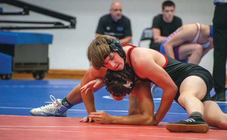 Wade Cheek/The Clayton Tribune. Jackson Word, a 144-pound wrestler, went 1-5 during this year’s King of the Mountain wrestling tournament at Towns County High School.
