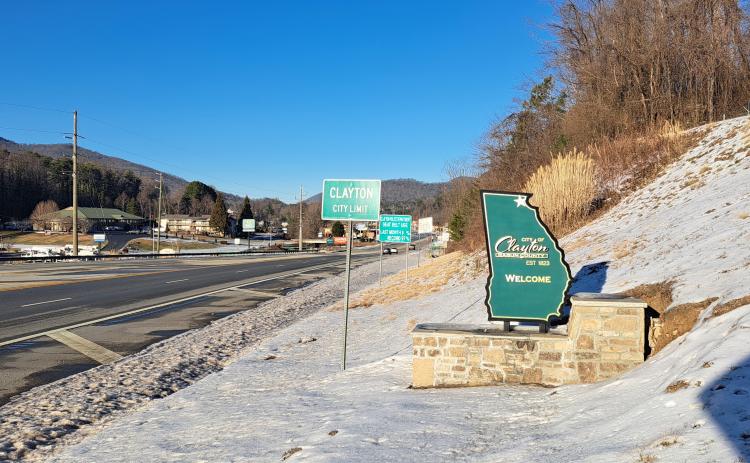 Megan Horn/The Clayton Trubune. Snow from Winter Storm Cora on a new Welcome sign for the city of Clayton erected by the The Clayton Downtown Development Authority (DDA).