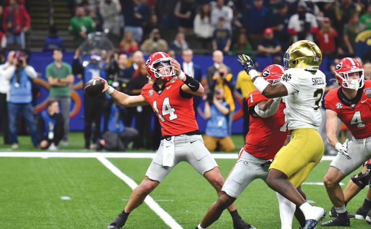 Wade Cheek/The Clayton Tribune. Former Rabun County football standout Gunner Stockton completed 20 passes for 234 yards and a touchdown in Georgia’s 23-10 loss to Notre Dame in the Allstate Sugar Bowl on Thursday, Jan. 2.