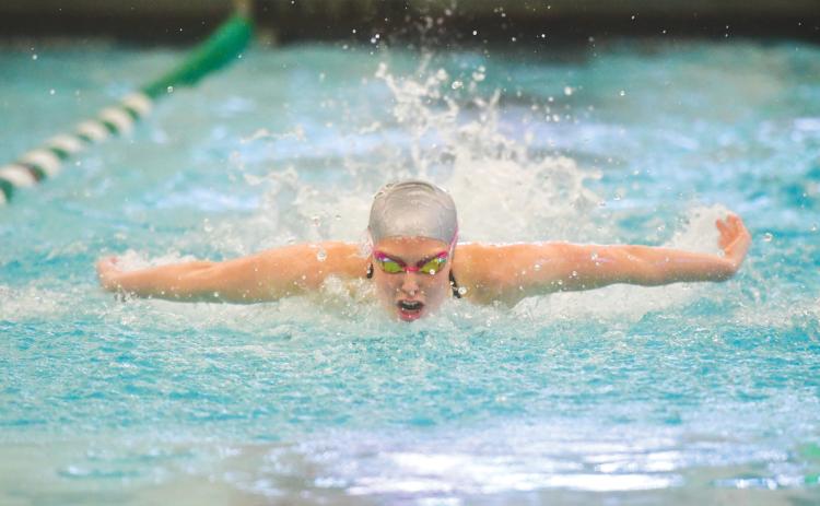 Wade Cheek/The Clayton Tribune. Senior swimmer, TFS record holder ,and Cincinatti-commit Madison Dampier took first place in the women’s 50m freestyle and the 100m Butterfly at the TFS “Light of the Mountains” Invitational that featured 15 teams on Saturday, Jan. 18.