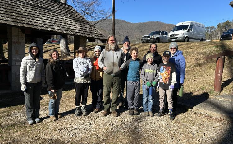 Submitted photo. Community members participated in a Cleanup Day at Stekoa Creek Park on Saturday, Jan. 4. Pictured are: Front row: Elaina Cochran; Angela Delaney with Headwaters Master Gardeners; Suzanne Arpin with Headwaters Master Gardeners; Derek Watson; Josh Causin; Brycen Deason; and Waylon Watson. Back row: Lynn McShane with Headwaters Master Gardeners; Buzz Williams program specialist for Chattooga Conservancy; Lisa Causin; and Bethany Deason.