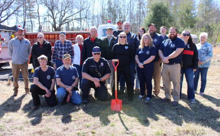 Photo courtesy Vickie Carpenter/The Franklin Press. Otto (N.C.) Volunteer Fire and Rescue members, past and present, celebrate the start of construction of a new firehouse at 8249 Georgia Road, on Monday, Feb. 24. The firehouse is slated for completion in 2026.