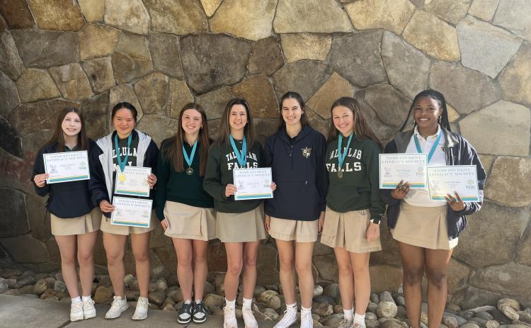 Submitted photo. Lily Gaglio (from left), Emily Cai, Raegan Duncan, Caroline Smith, Megan Prince, Gracie Gunter, and Joliet Okoronkwo bring home awards from TomeCon 2025.