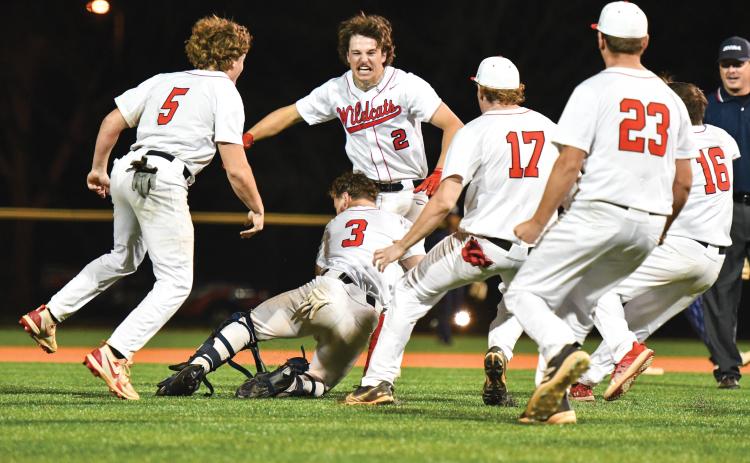 Wade Cheek/The Clayton Tribune. Rabun County junior second baseman Ty Truelove gets mobbed by his teammates after smashing a walk-off double in the Wildcats’ 5-4 win over rival Elbert County on Friday, April 4. The Wildcats also captured at 4-3 over the visiting Blue Devils in the front end of the doubleheader.