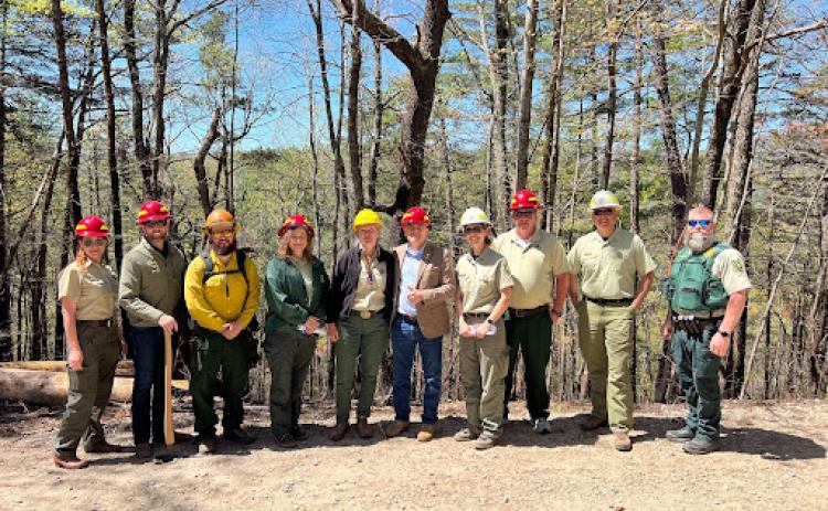 Submitted. U.S. Congressman Andrew Clyde (GA-09) (center) visited Rabun County on April 16 for a briefing on the Big Ridge Fire in the Chattooga River Ranger District from the U.S. Forest Service. Here Clyde stands with members of the U.S. Forest Service in the Big Ridge area.
