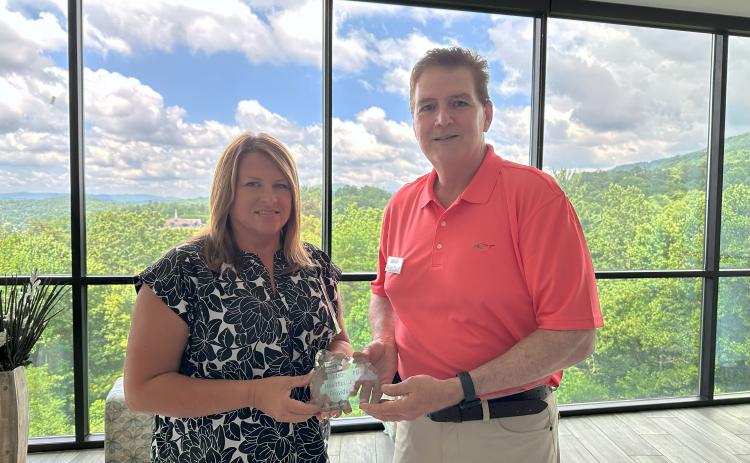 Submitted photo. Mountain Lakes Medical Center was announced as “Best Outstanding Healthcare Provider” during the Forward Rabun/Rabun County Chamber of Commerce “2025 Awards Hoedown” on May 31. Pictured are Kristy Hall,CEO of Mountain Lakes Medical Center, left, and Mickey Duvall, business and economic development strategist for Forward Rabun, Inc. Hall recently accepted the award on behalf of the hospital.