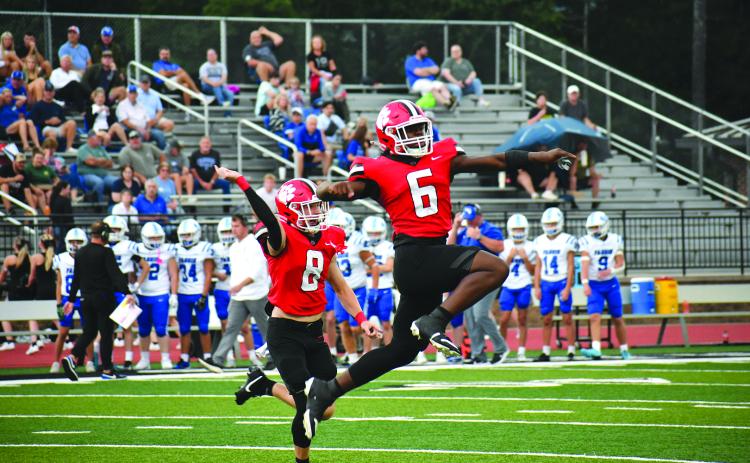 Enoch Autry/The Clayton Tribune. Rabun County junior JK Fruster (6) and sophomore Colter Cannon celebrate the Wildcats recovering a Fannin County fumble deep in Rebel territory in RCHS’s 35-0 shutout at Frank Snyder Memorial Stadium.