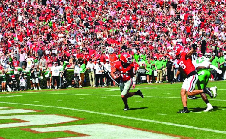 Wesley Branch/The Clayton Tribune. Georgia quarterback Gunner Stockton evades a Marshall defender on his way into the end zone in Georgia’s 45-7 season-opening win on Aug. 30. The former Rabun County standout threw two touchdown passes and ran for two more as the Bulldogs’ No. 1 starting QB.