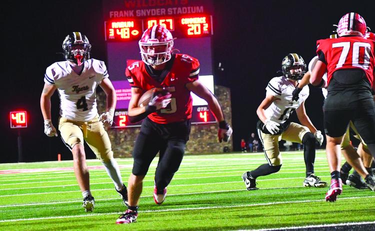 Enoch Autry/The Clayton Tribune. Reid Giles goes into the end zone for his sixth touchdown of the night against Commerce on Oct. 3 as the senior had five TDs rushing and another on a punt return. He finished with 243 yards rushing.