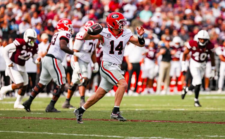 Tony Walsh/UGAAA. Current Georgia and former Rabun County quarterback Gunner Stockton throws downfield in Georgia’s 41-21 win over Mississippi State on Nov. 8. UGA will host No. 10 Texas in another SEC showdown Saturday.