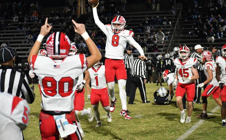 Wesley Branch/The Clayton Tribune. Rabun County sophomore Colter Cannon celebrates a fumble recovery in the Wildcats’ 31-23 win over the Blue Devils at Elbert County. Cannon also had an interception in the game. RCHS concluded its regular season at 8-2 and now will host Dodge County on Nov. 14 in the first round of the state playoffs.