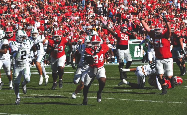 Wesley Branch/The Clayton Tribune. Georgia freshman running back Bo Walker sprints to the end zone for his first career touchdown in Georgia’s 35-3 win over Charlotte on Nov. 22. Walker, who played for Rabun Gap-Nacoochee, scored three rushing touchdowns in the win and ran for 48 yards. UGA plays in-state rival Georgia Tech Friday.