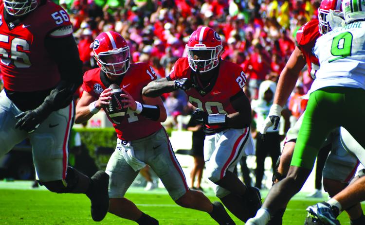 Wesley Branch/The Clayton Tribune. Georgia quarterback Gunner Stockton (14) will lead the Bulldogs against Ole Miss in the College Football Playoffs on Jan. 1 in New Orleans in the Sugar Bowl. Stockton got his first collegiate start in last year’s Sugar Bowl. Stockton has been the starter throughout this season, finishing seventh in the Heisman Trophy voting.