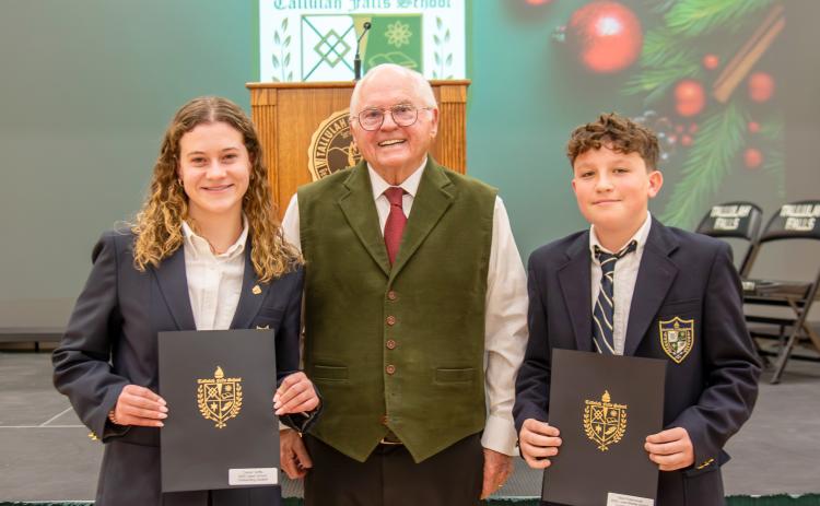 Photo courtesy of TFS. Senior Carsyn Griffis of Tallulah Falls and eighth-grader West Ridlehoover stand with President and Head of School Dr. Larry A. Peevy. Griffis was named as Upper School Outstanding Student of the Year and Ridlehoover was named as Middle School Outstanding Student of the Year.