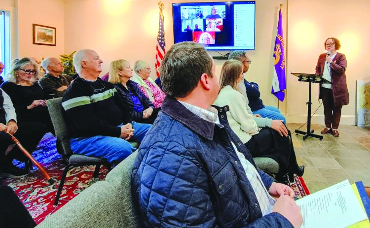 Megan Horn/The Clayton Tribune. Sky Valley Mayor Benita Cotton-Orr speaks to a room full of community members at Sky Valley City Hall Tuesday, Jan. 6, after being sworn-in. She spoke of many goals for the year and pledged to foster transparency and government efficiency during her time as mayor.