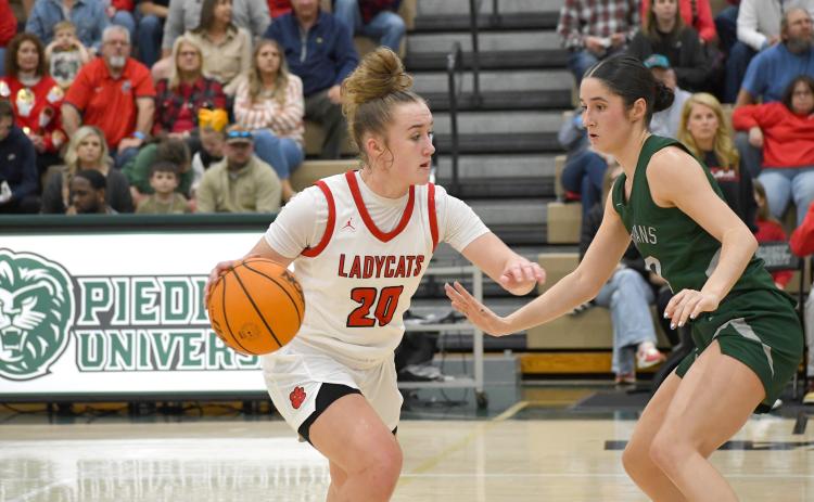 Wesley Branch/The Clayton Tribune. Rabun County freshman Millie Southards surveys the court in Rabun County’s 50-38 loss to Athens Academy in the region title game on Feb. 20 at Piedmont University. Southards and the Lady Cats are the No. 7 seed in the state playoffs, which started on Tuesday. RCHS would defeat Armuchee 63-42 in the playoffs opening round.